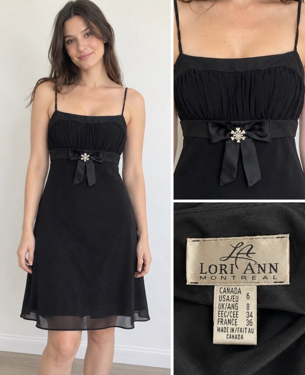 Y2K 2000s Lori Ann Montreal Women's Little Black Dress Size 6 Bow Detail Glam